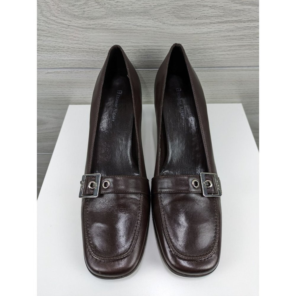 Etienne Aigner Leather Square Toe Buckle Pumps